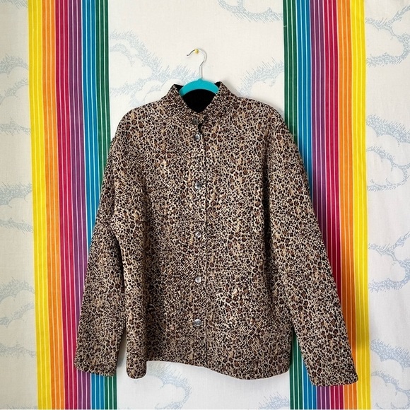 VINTAGE leopard print black reversible pleated lightweight button front jacket - Picture 3 of 5